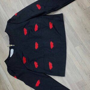 Black Long Sleeve Top with Red Lip Embroidery